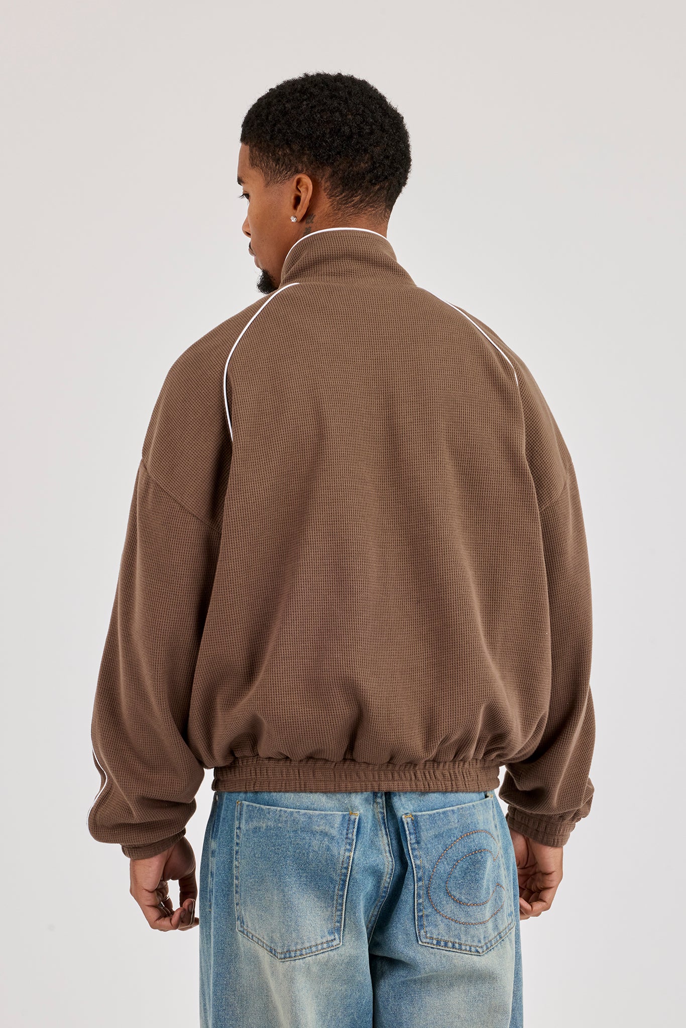 Waffle Funnel Neck With Piping - Brown