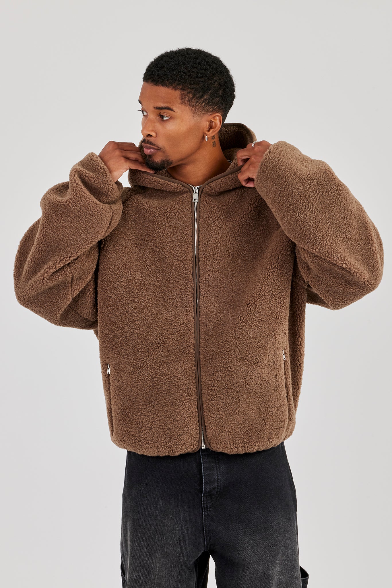 Oversized Borg Zip Hoodie - Chocolate | Mens Outerwear | Shop
