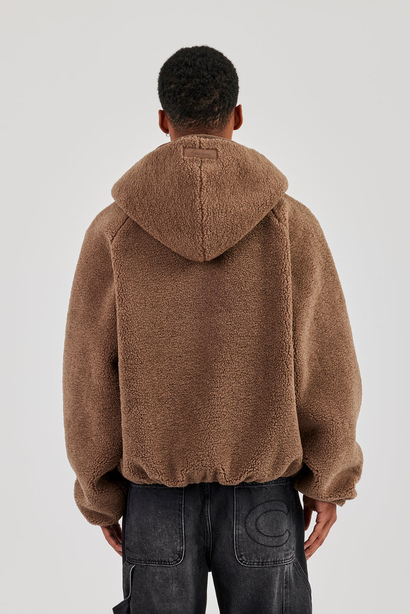 Oversized Borg Zip Hoodie Chocolate Mens Outerwear Shop