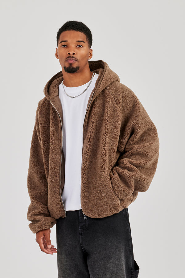 Oversize-Kapuzenpullover mit Reißverschluss aus Borg-Baumwolle – Schokolade