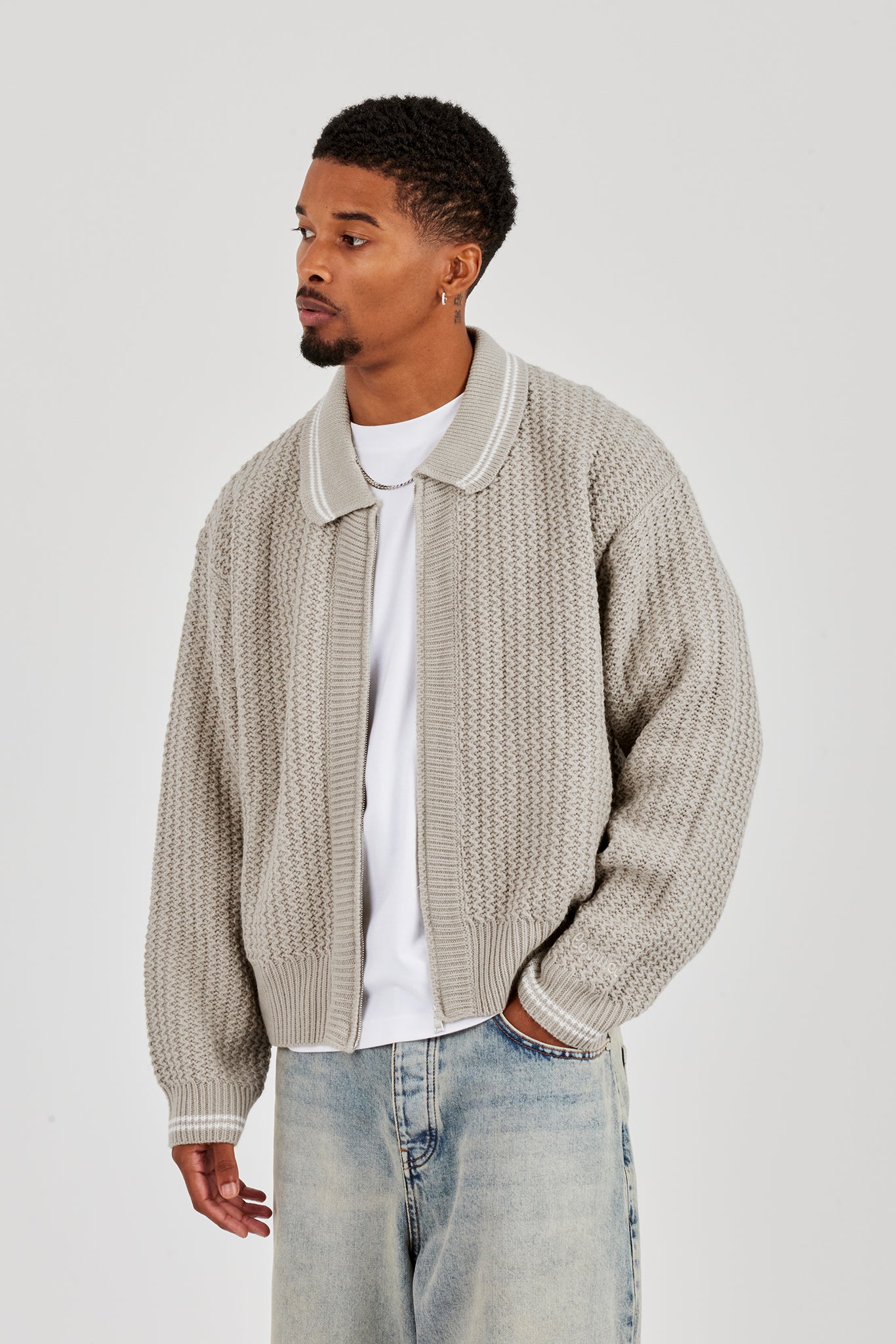 Gestrickter Harrington - Taupe