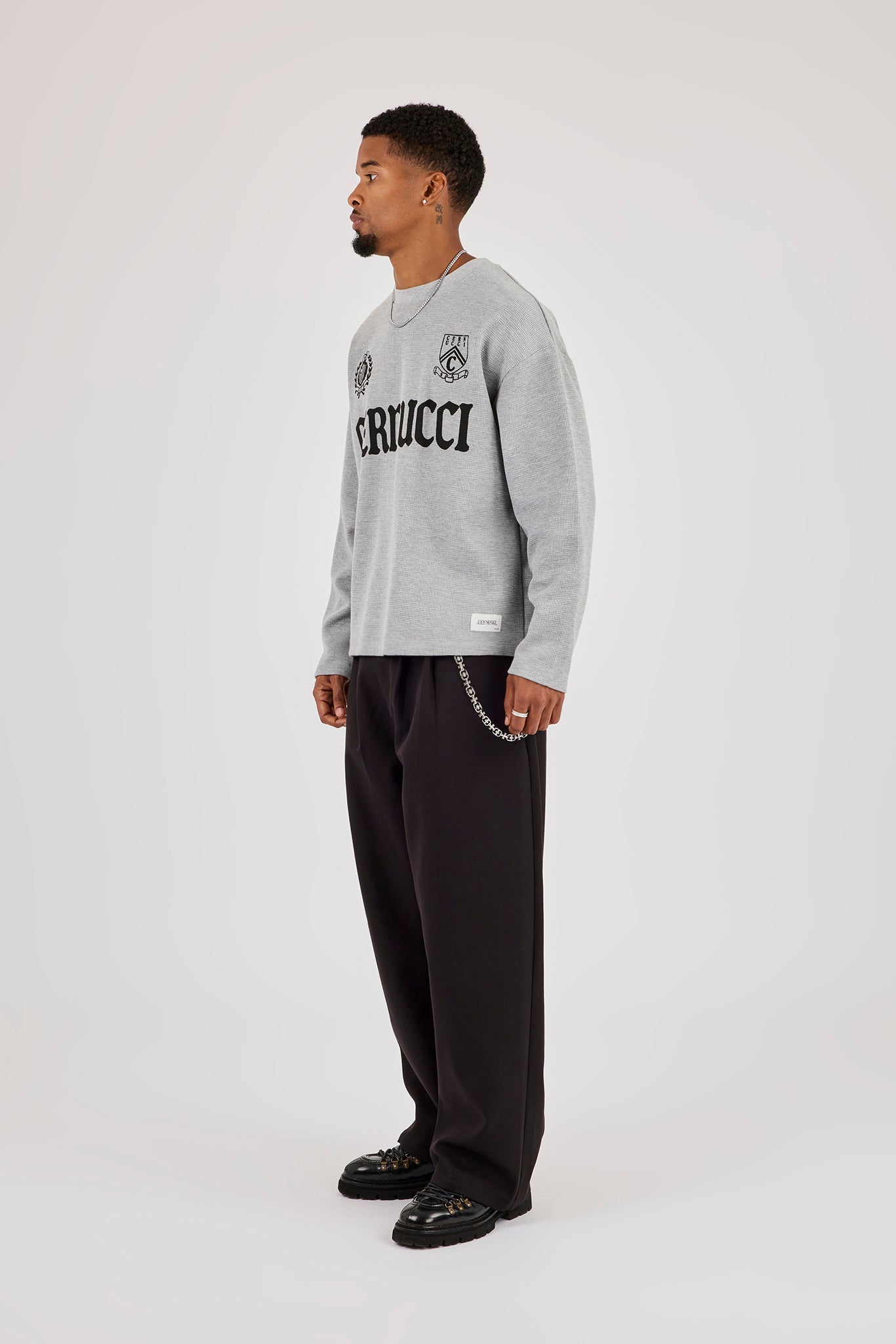 Wide Leg Tailored Trouser & 10mm Polished Multi Cross Jean Chain - Black