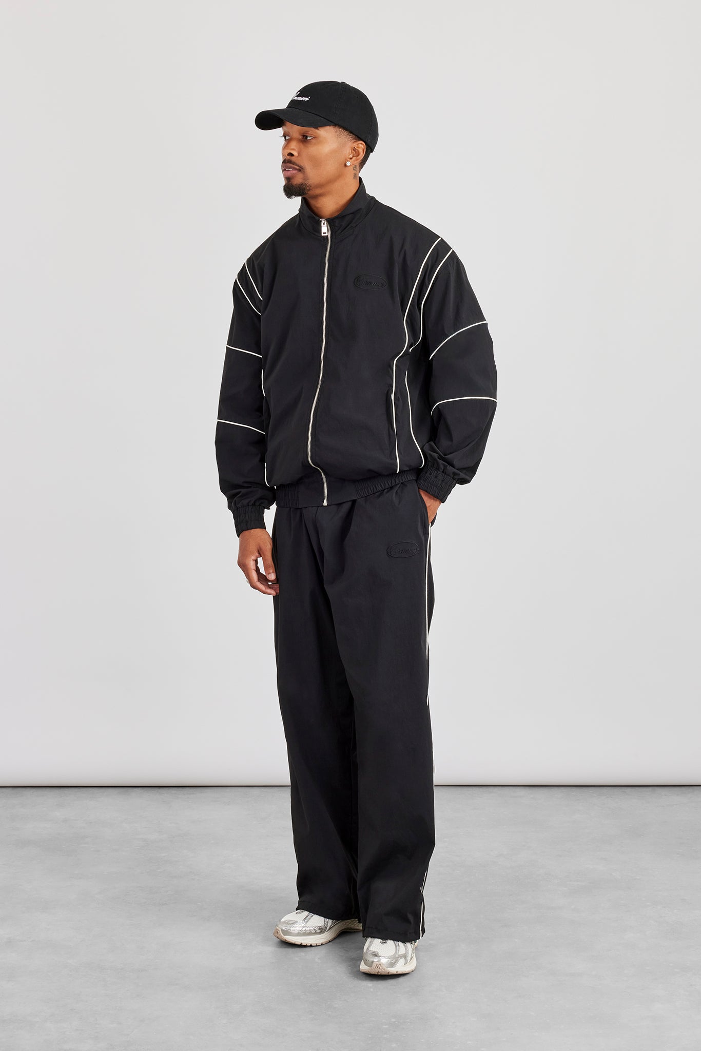 Nylon Piping Embroidered Track Jacket & Cargo Trouser - Black