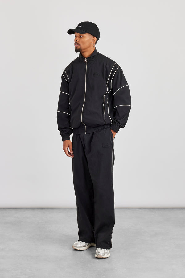 Nylon Piping Embroidered Track Jacket & Cargo Trouser - Black
