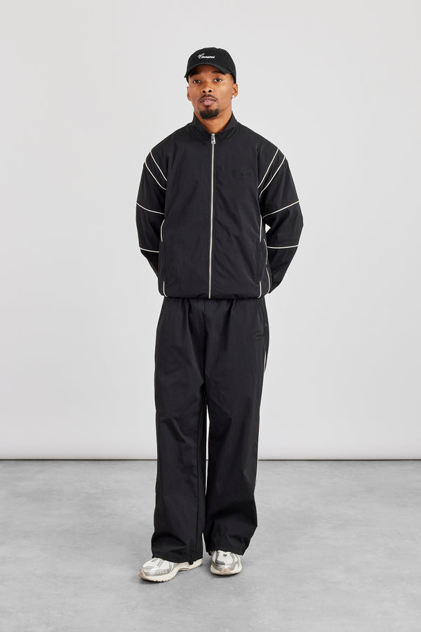 Nylon Piping Embroidered Track Jacket & Cargo Trouser - Black