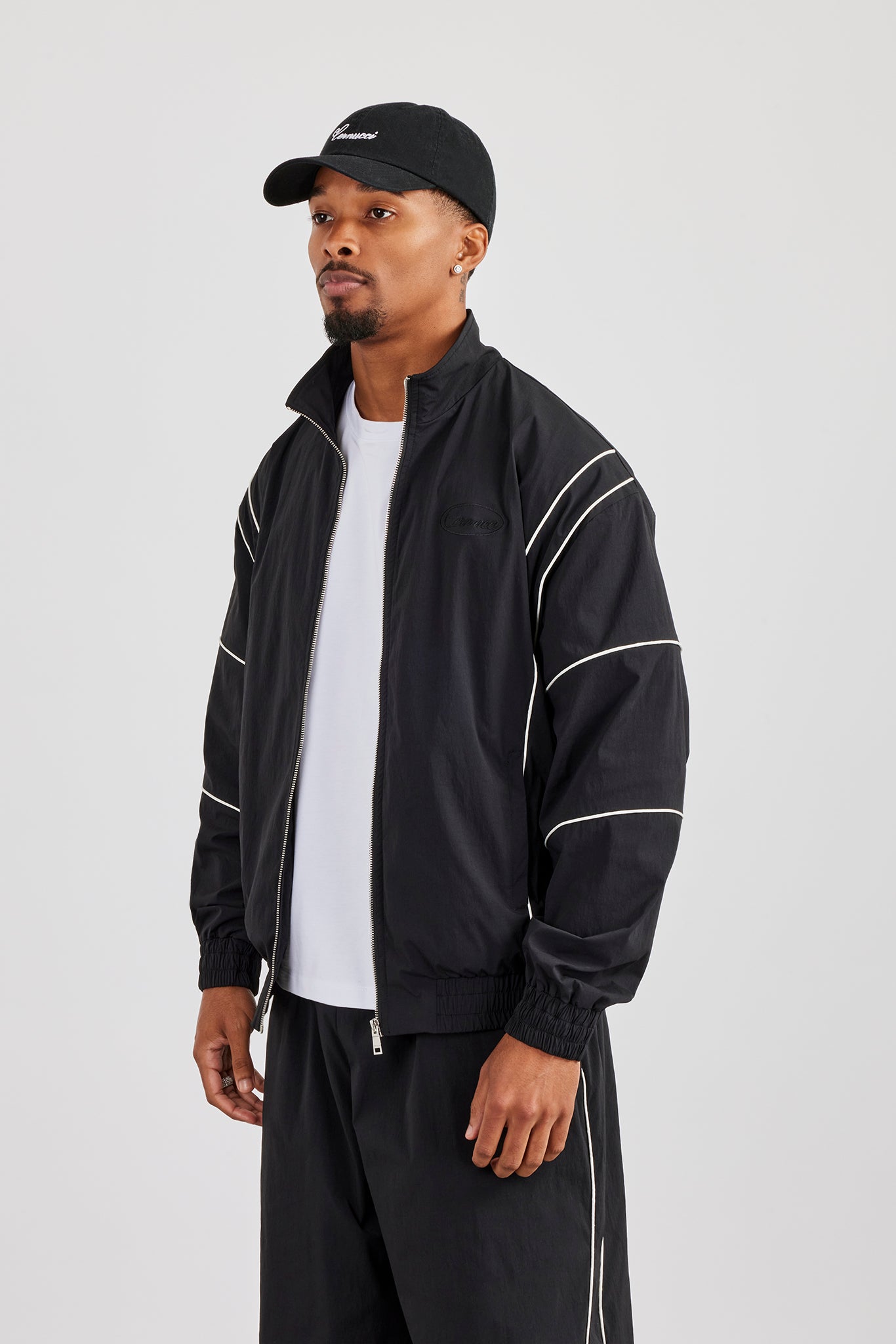 Nylon Piping Embroidered Track Jacket - Black