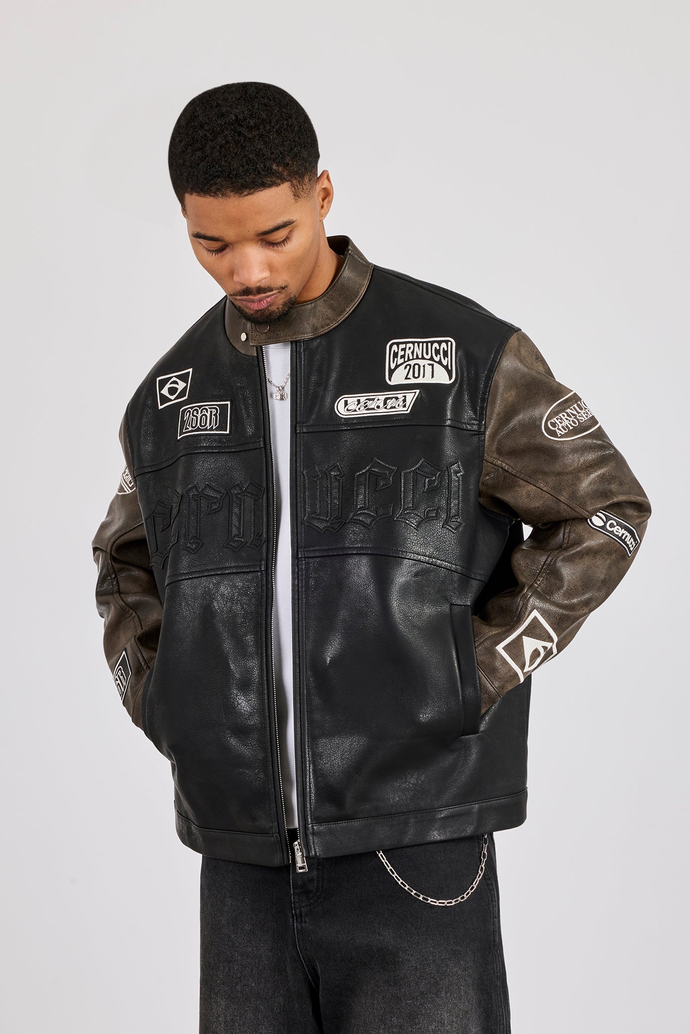 トップス Eaphi CURVE CUT LINE JACKET PU Applique Moto Jacket - Black | Mens Outerwear | Shop Jackets at