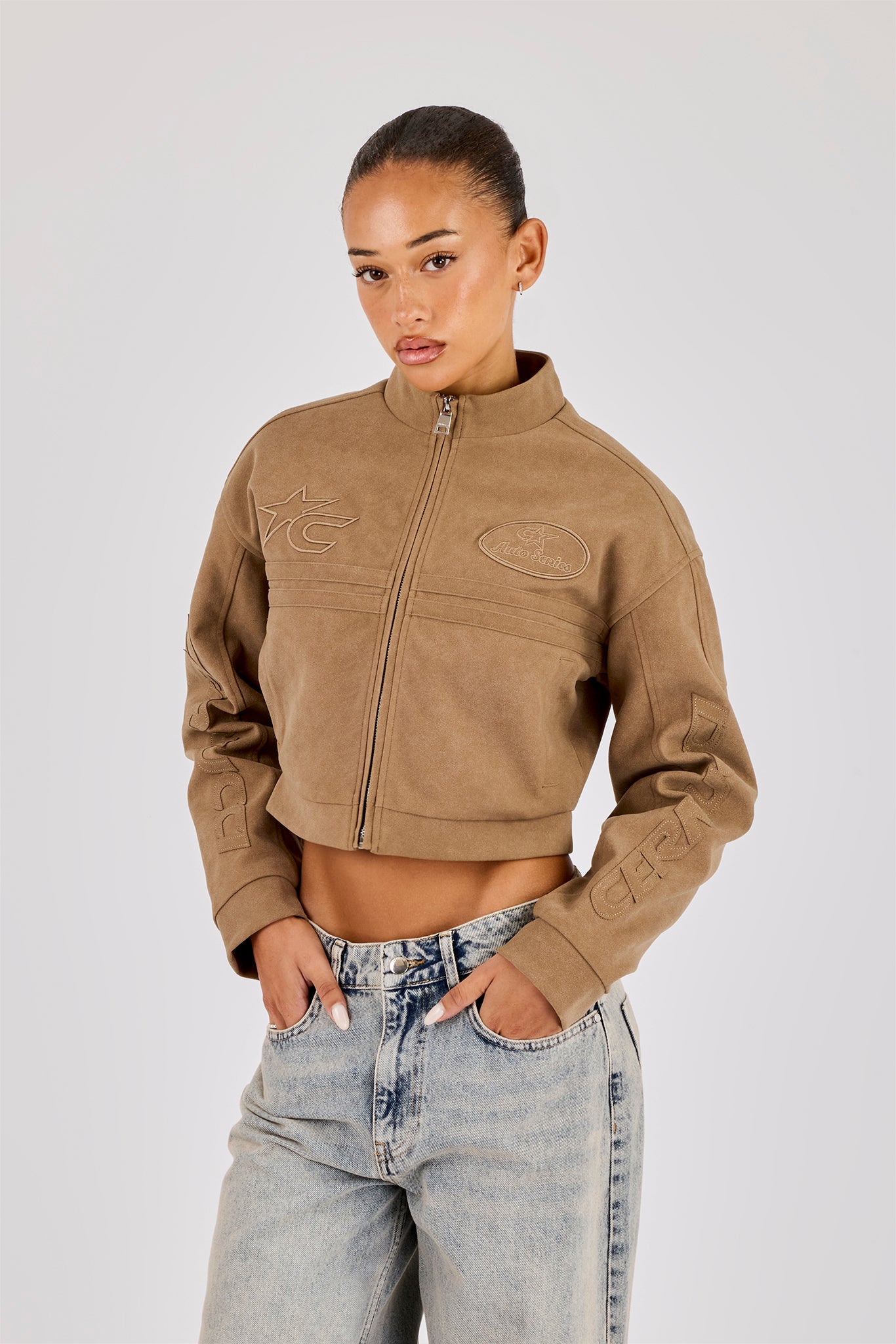 Women's Suede Applique Moto Jacket - Taupe