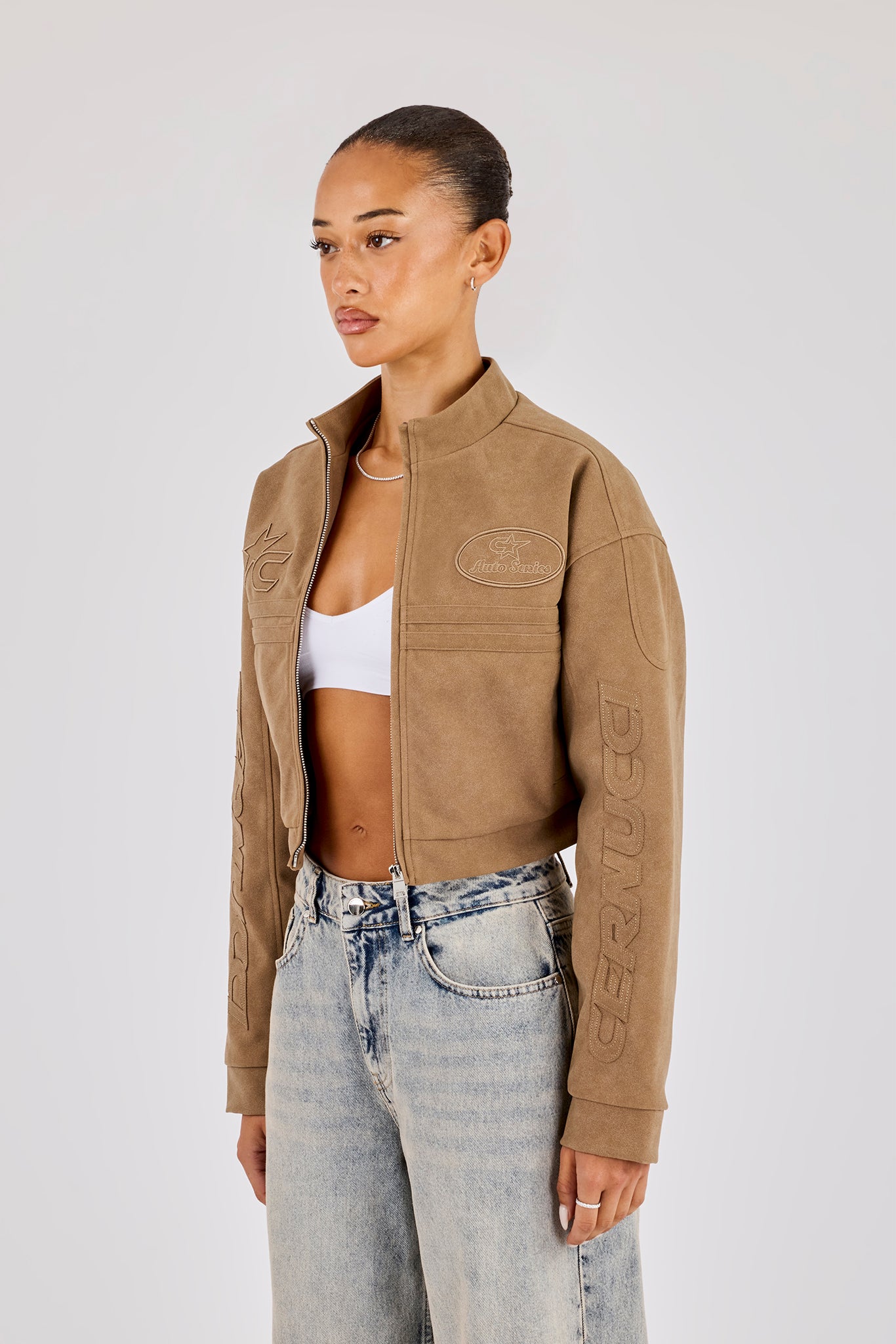 Women's Suede Applique Moto Jacket - Taupe