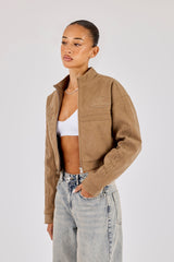 Women's Suede Applique Moto Jacket - Taupe