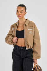 Suede Moto Badge Collared Bomber - Taupe