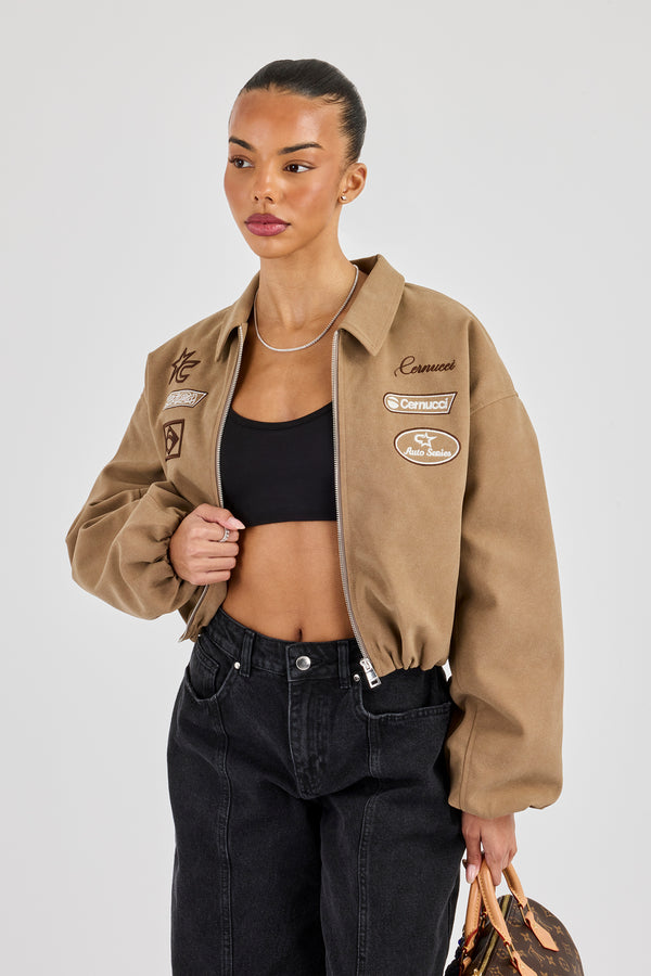 Suede Moto Badge Collared Bomber - Taupe