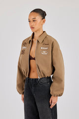 Suede Moto Badge Collared Bomber - Taupe