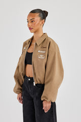 Suede Moto Badge Collared Bomber - Taupe