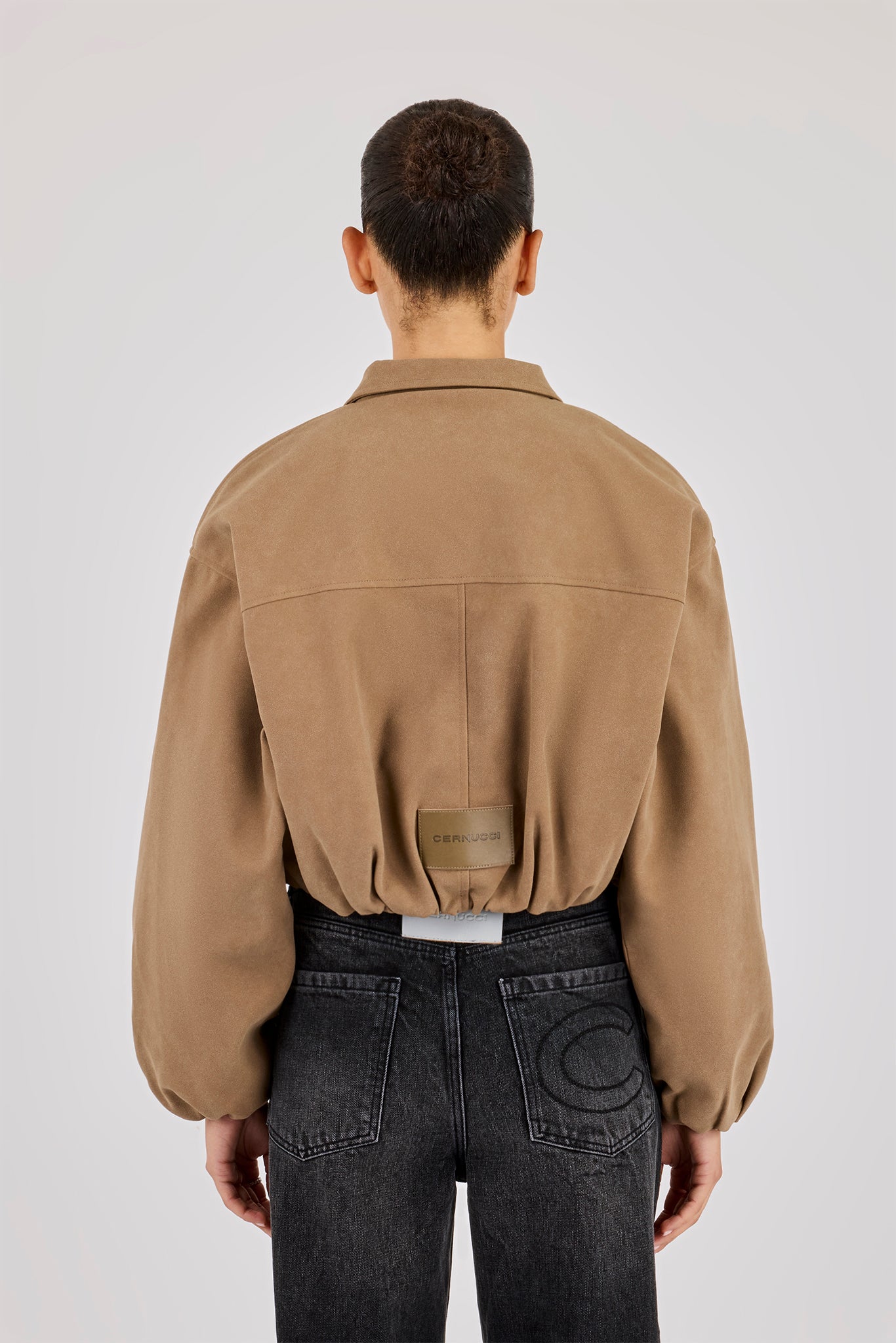 Suede Moto Badge Collared Bomber - Taupe