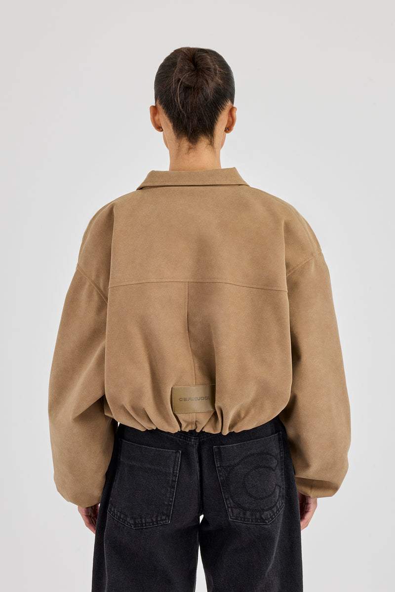 Suede Moto Badge Collared Bomber - Taupe