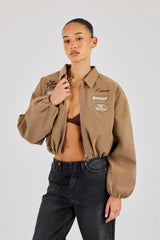 Suede Moto Badge Collared Bomber - Taupe