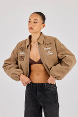 Suede Moto Badge Collared Bomber - Taupe