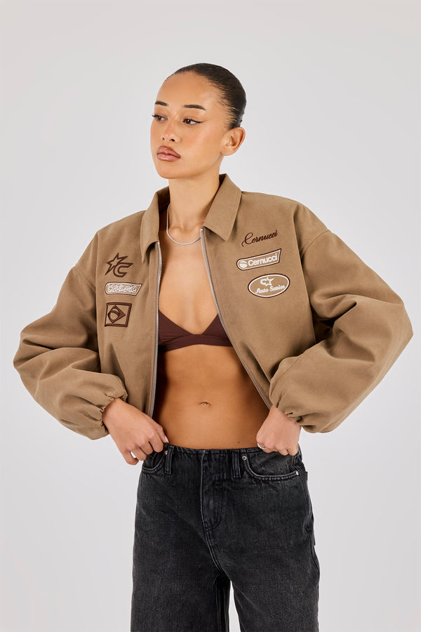 Suede Moto Badge Collared Bomber - Taupe