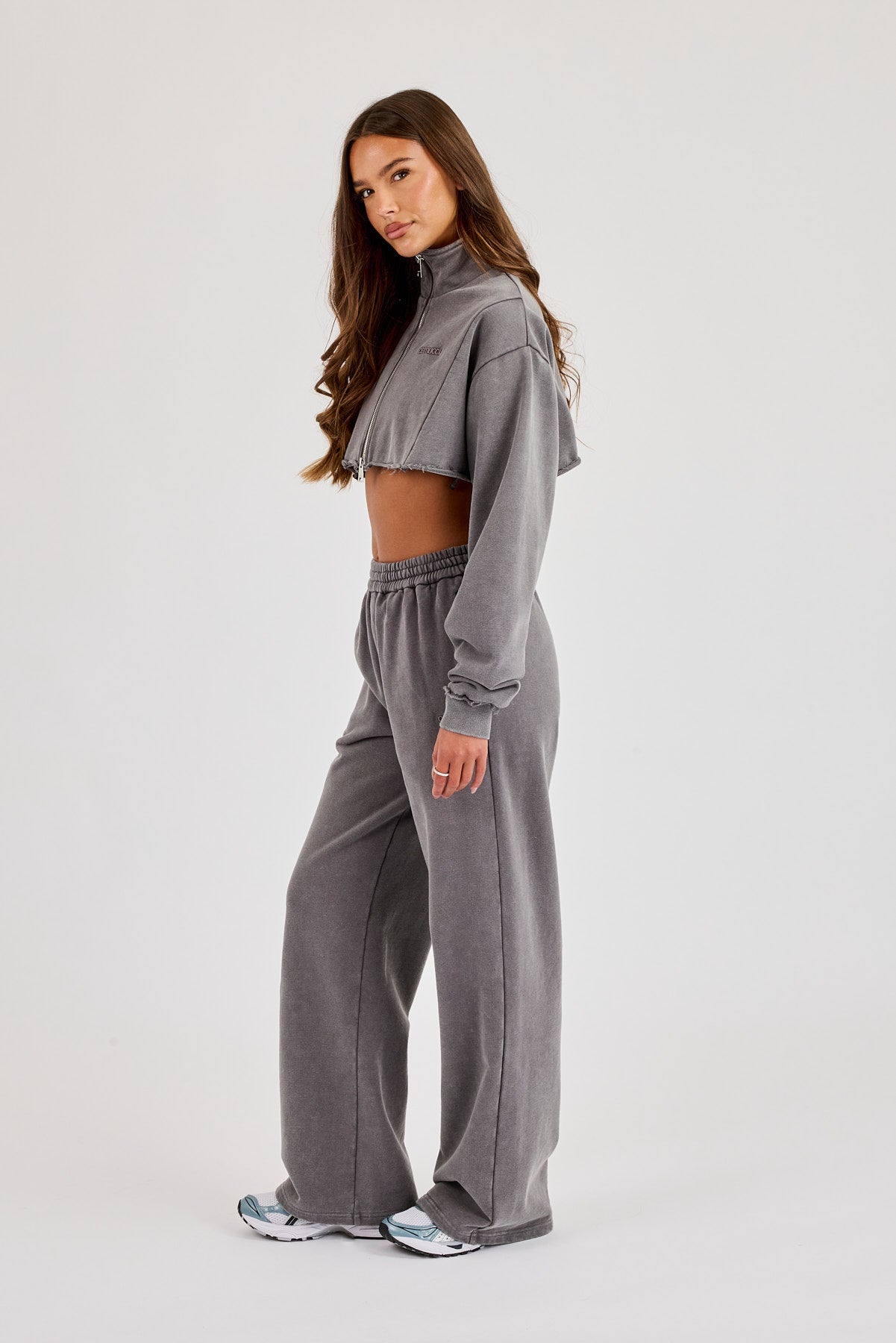Raw Hem Washed Super Crop Funnel Neck & Wide Leg Jogger - Grey