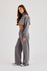 Raw Hem Washed Super Crop Funnel Neck & Wide Leg Jogger - Grey