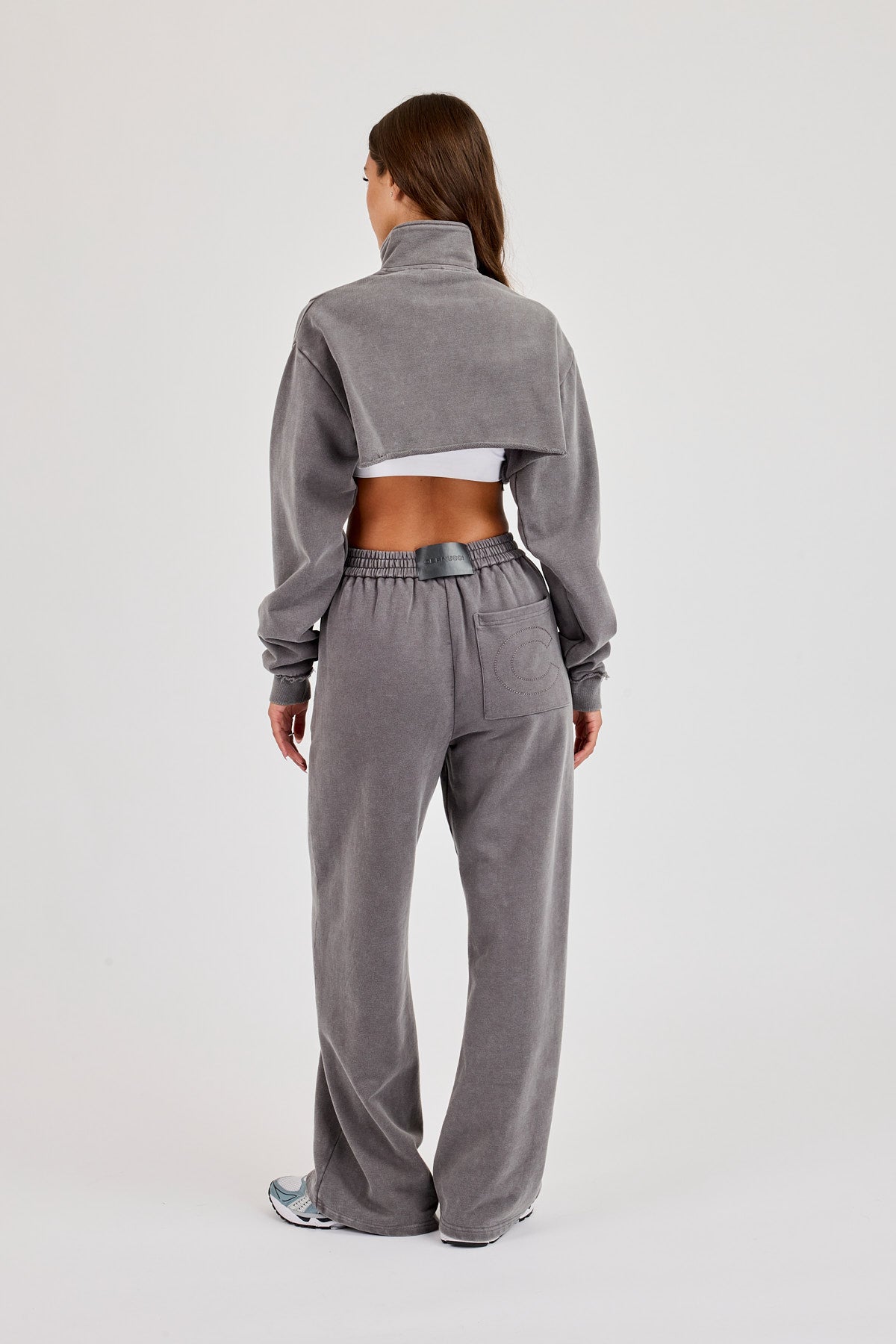 Raw Hem Washed Super Crop Funnel Neck & Wide Leg Jogger - Grey