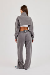 Raw Hem Washed Super Crop Funnel Neck & Wide Leg Jogger - Grey