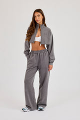 Raw Hem Washed Super Crop Funnel Neck & Wide Leg Jogger - Grey
