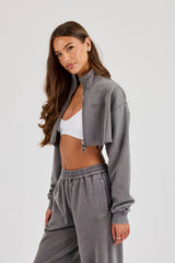 Washed Logo Super Crop Funnel Neck - Grey