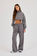 Raw Hem Washed Super Crop Funnel Neck & Wide Leg Jogger - Grey