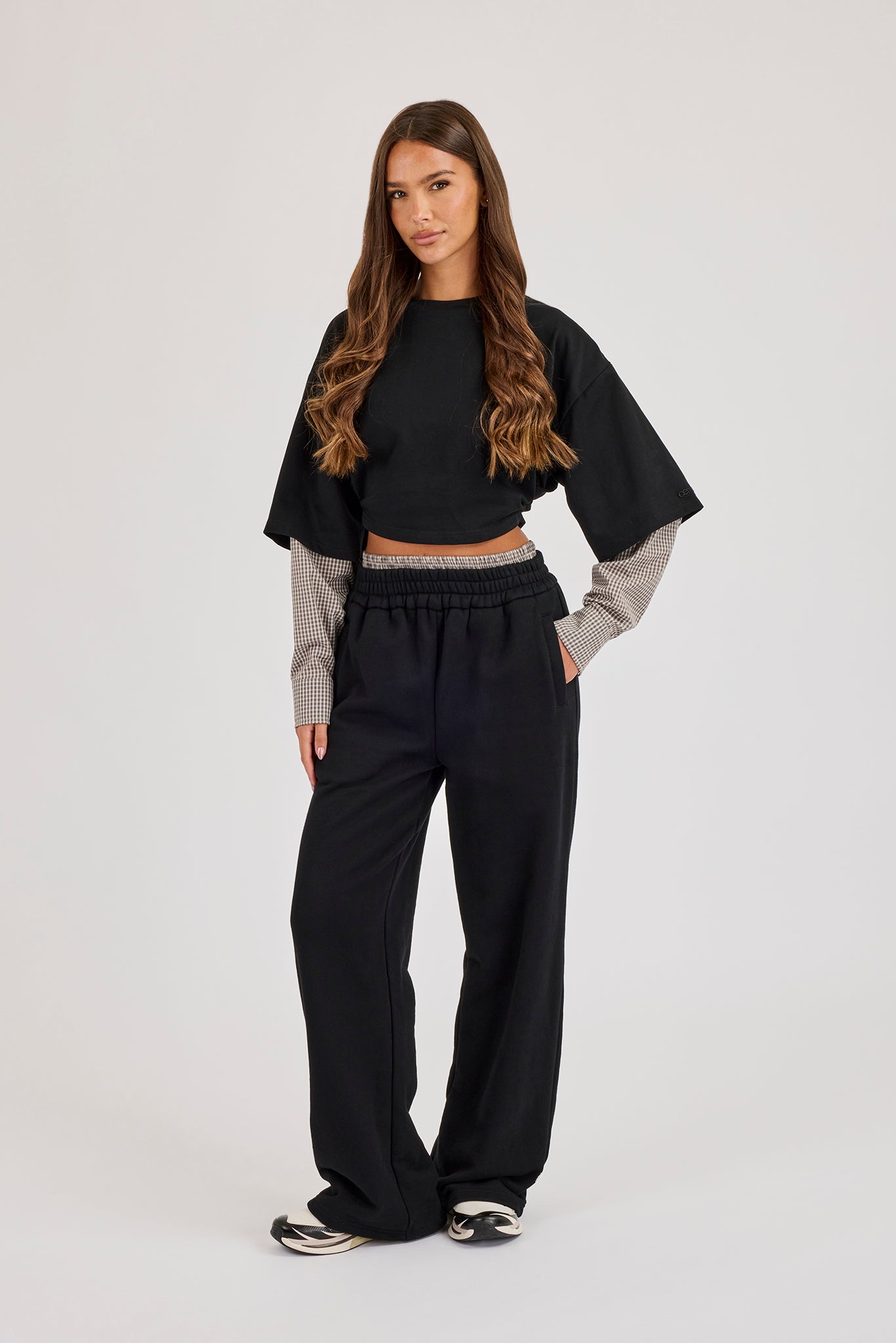 Faux Check Waistband Wide Leg Jogger - Black