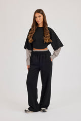 Faux Check Waistband Wide Leg Jogger - Black