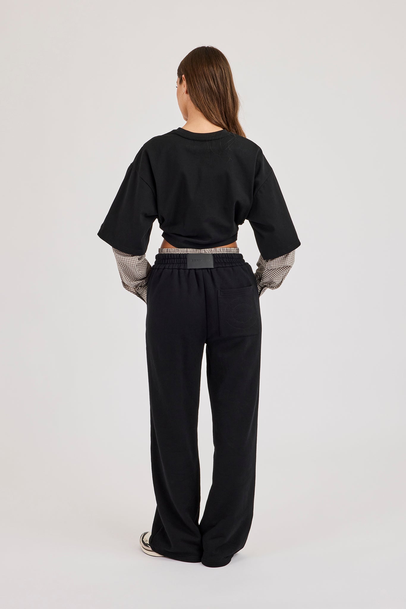 Cropped Oversized T-Shirt With Layered Shirt & Wide Leg Jogger - Black