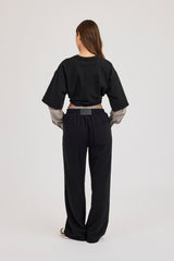 Cropped Oversized T-Shirt With Layered Shirt & Wide Leg Jogger - Black