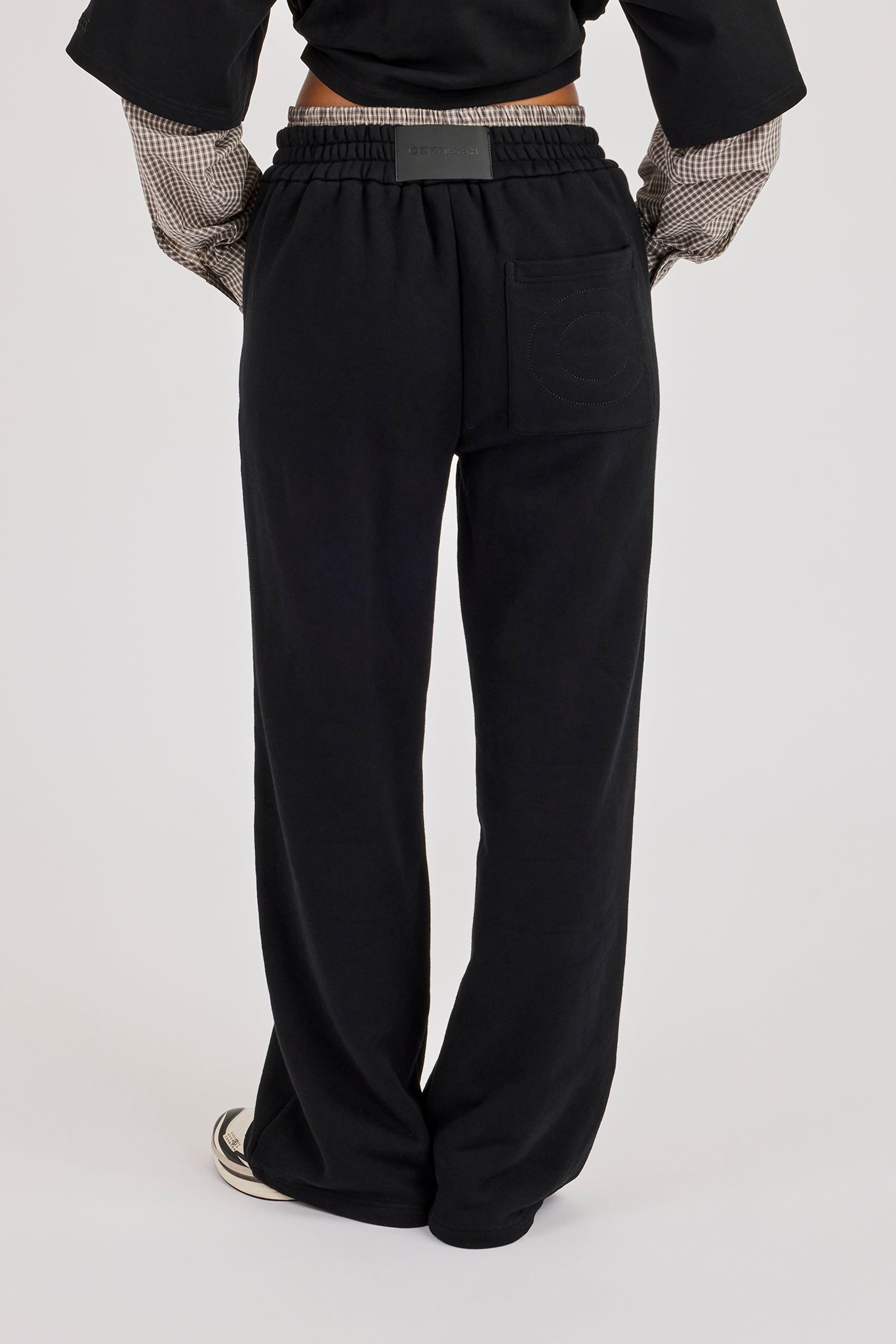 Faux Check Waistband Wide Leg Jogger - Black
