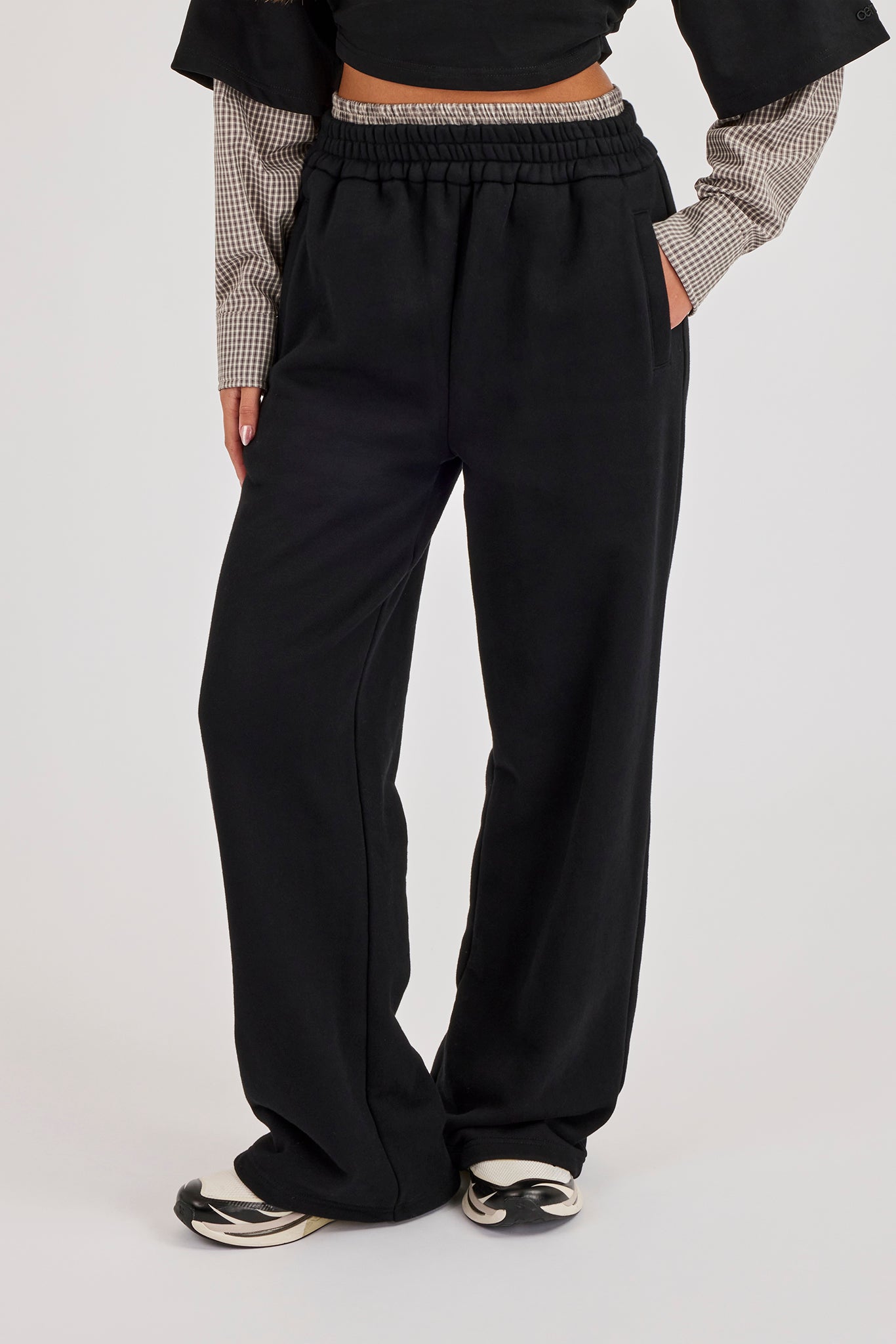 Faux Check Waistband Wide Leg Jogger - Black