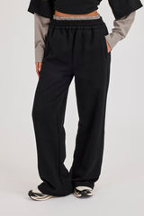 Faux Check Waistband Wide Leg Jogger - Black