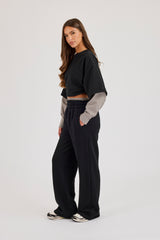 Cropped Oversized T-Shirt With Layered Shirt & Wide Leg Jogger - Black