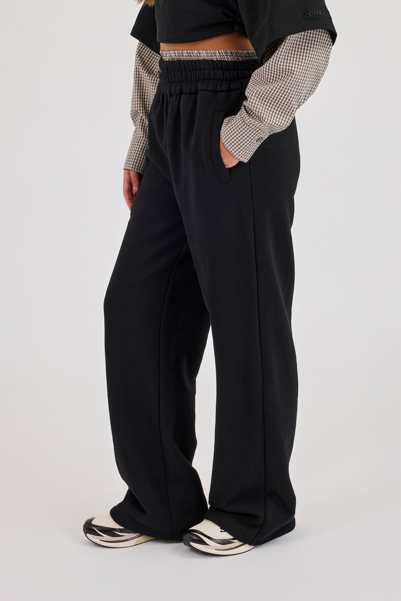 Faux Check Waistband Wide Leg Jogger - Black
