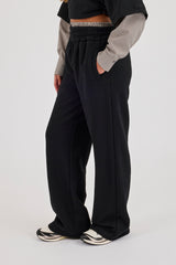 Faux Check Waistband Wide Leg Jogger - Black