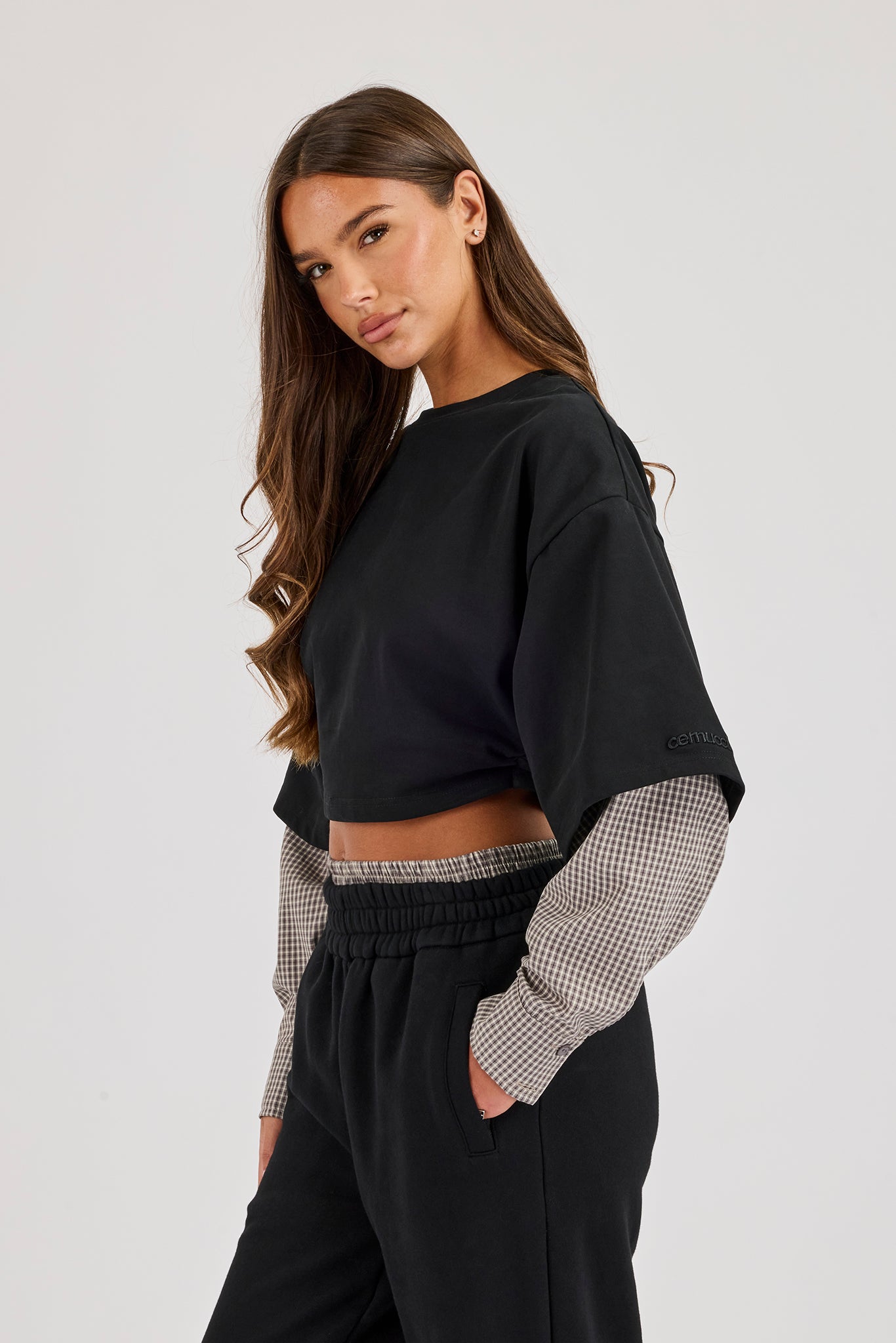 Cropped Oversized T-Shirt With Layered Shirt - Black