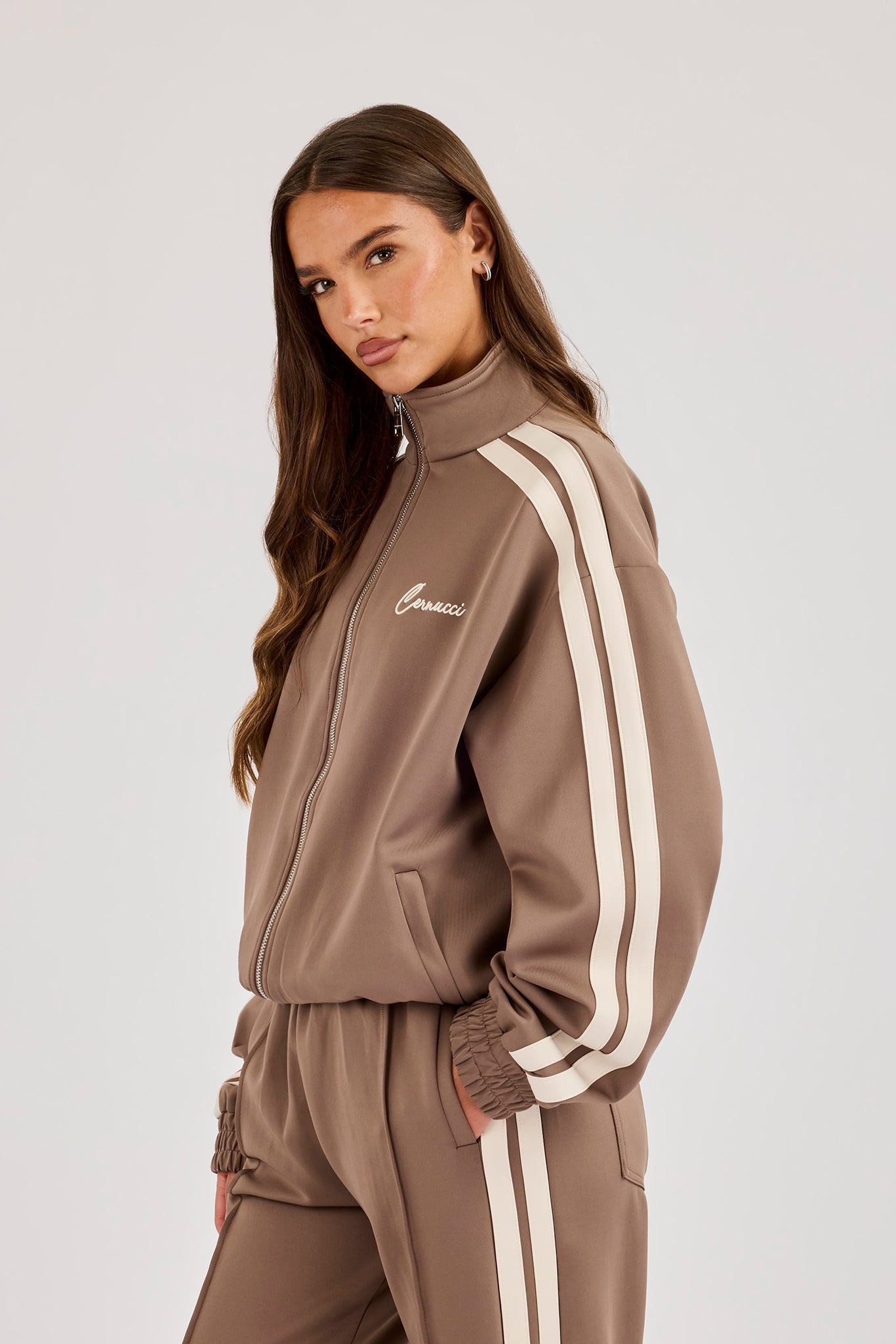 Funnel Neck Taping Zip Through Track Jacket - Taupe