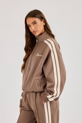 Funnel Neck Taping Zip Through Track Jacket - Taupe