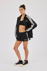 Funnel Neck Taping Zip Through Track Jacket & Micro Short - Black