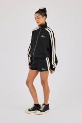 Funnel Neck Taping Zip Through Track Jacket & Micro Short - Black