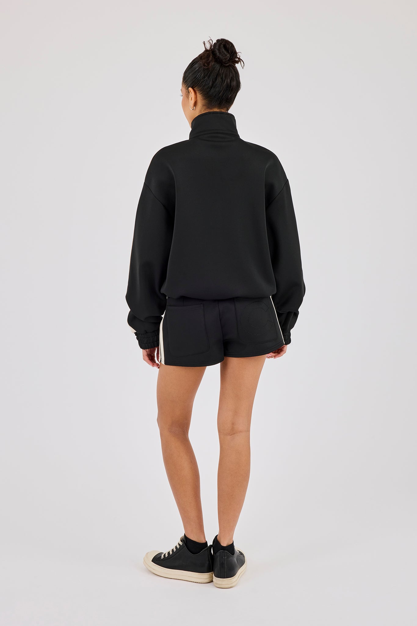 Funnel Neck Taping Zip Through Track Jacket & Micro Short - Black