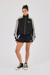 Funnel Neck Taping Zip Through Track Jacket & Micro Short - Black