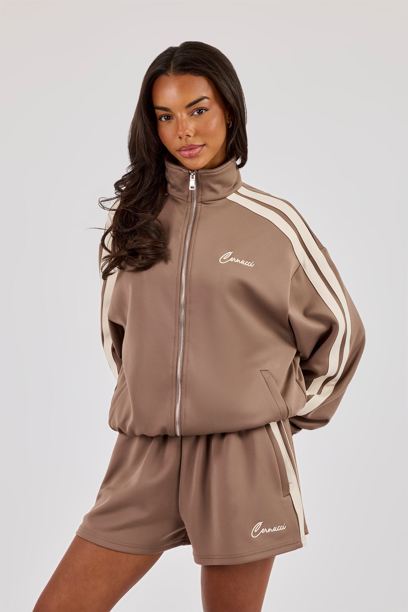 Funnel Neck Taping Zip Through Track Jacket - Taupe