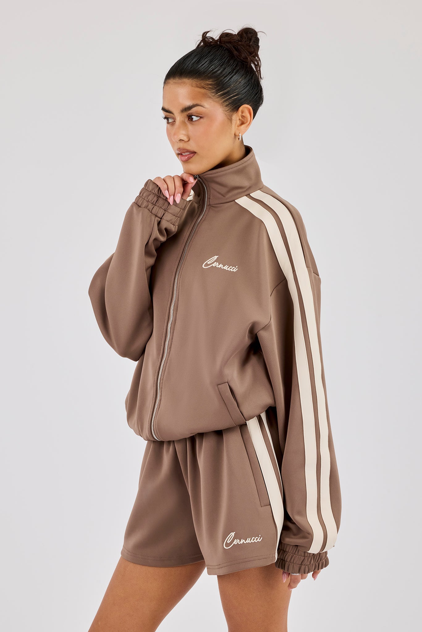 Funnel Neck Taping Zip Through Track Jacket & Taping Short - Taupe