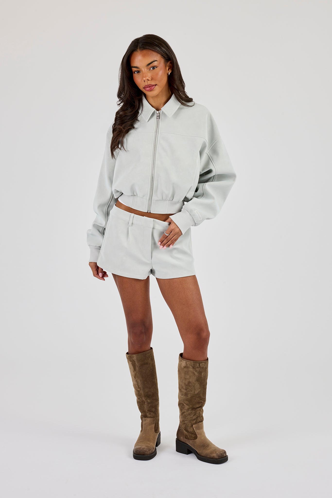 Suede Collared Bomber & Micro Short - Light Blue